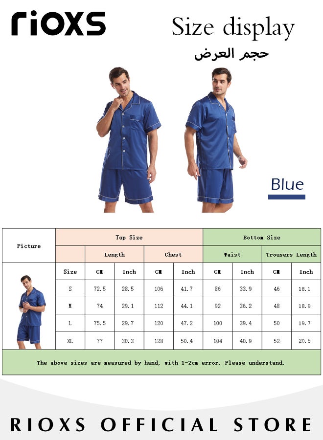 Men's 2 Pieces Nightwear Suit Cool Ice Silk Short Sleeve Pajamas V Neck Buttons Tops & Loose Straight Leg Shorts Teen Casual Cardigan Homewear