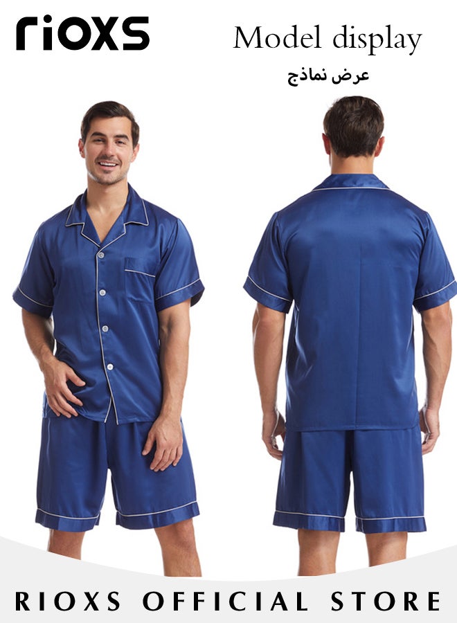 Men's 2 Pieces Nightwear Suit Cool Ice Silk Short Sleeve Pajamas V Neck Buttons Tops & Loose Straight Leg Shorts Teen Casual Cardigan Homewear