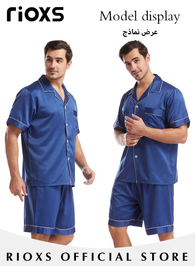 Men's 2 Pieces Nightwear Suit Cool Ice Silk Short Sleeve Pajamas V Neck Buttons Tops & Loose Straight Leg Shorts Teen Casual Cardigan Homewear