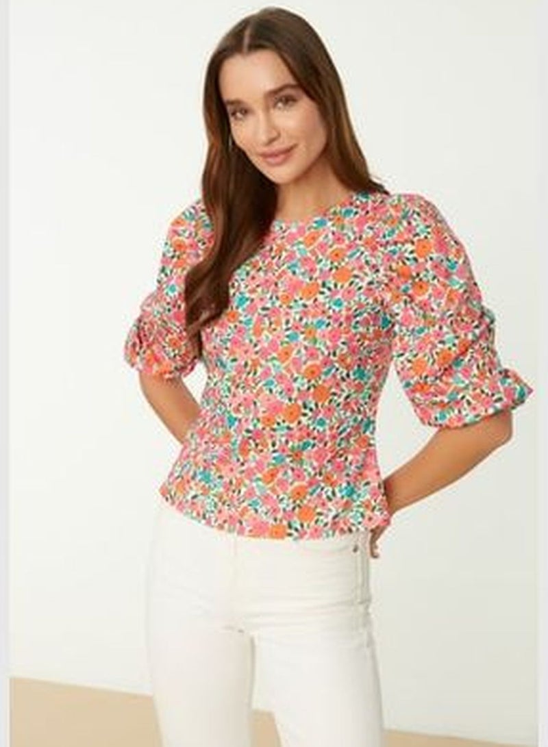 Weave Ecru Floral Print Blouse with Balloon Sleeves
