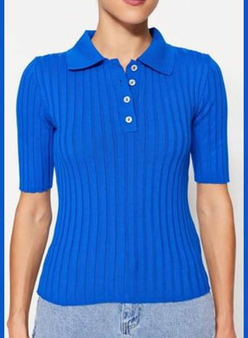 Basic Blue Polo Collar Knitwear Sweater