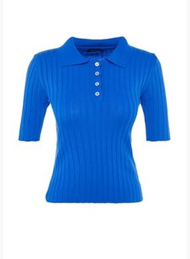 Basic Blue Polo Collar Knitwear Sweater