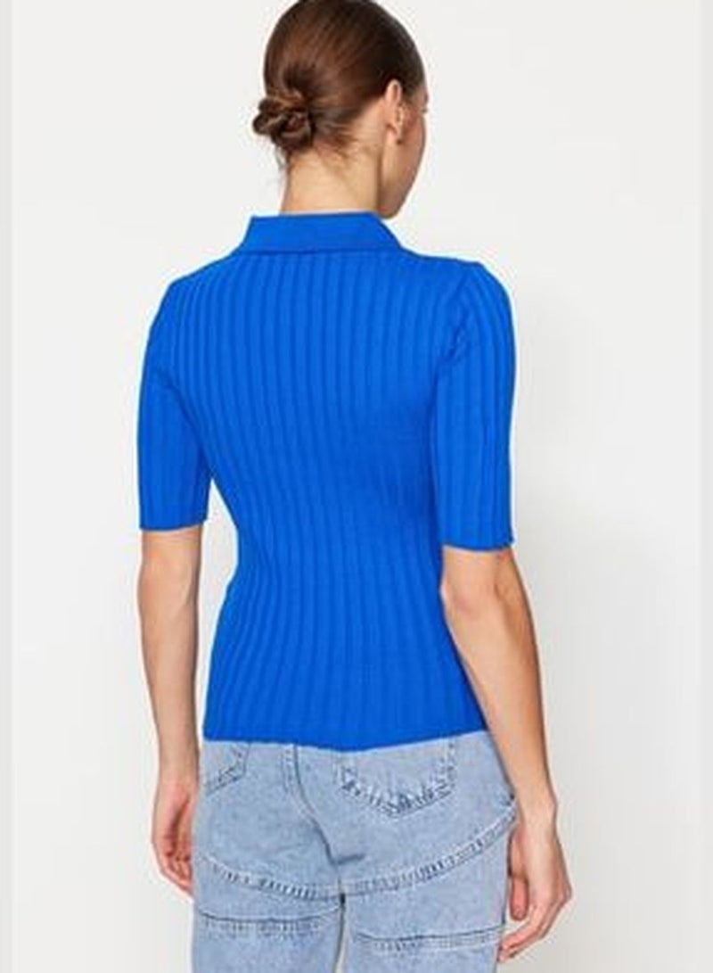 Basic Blue Polo Collar Knitwear Sweater