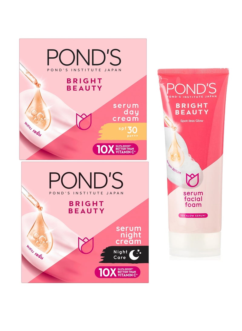 Bright Beauty Essentials Serum Whip Facial Foam 50g Brightening Day Cream 50g and Night Cream 50g for Brighter Nourished skin Pack of 3