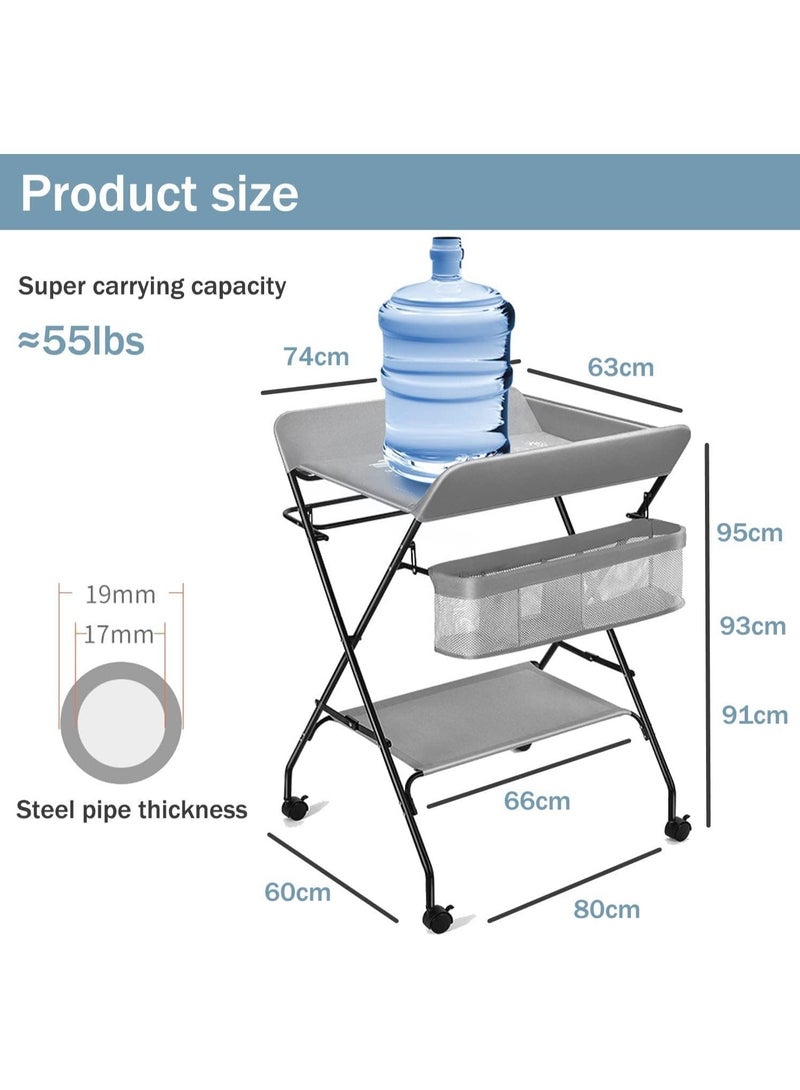 Baby Changing Table,Foldable, Portable,With Wheels, Height Can Be Adjusted In Three Steps,Waterproof Diaper Changing Table Pad Topper