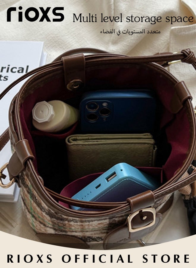 Women's Multifunctional Bucket Bag with Magnetic Buckle Closure and Bunny Pendant, Retro Tote Shoulder Bag, Small Trendy Crossbody Bag with Plaid Design, Made of PU Leather with Clean Edges and Seams, Perfect for Using in Office, Dating or Other Daily Occasions, 20*11*17CM
