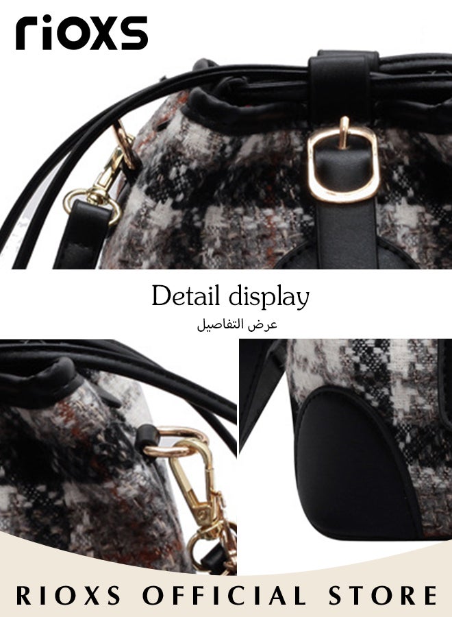Women's Multifunctional Bucket Bag with Magnetic Buckle Closure and Bunny Pendant, Retro Tote Shoulder Bag, Small Trendy Crossbody Bag with Plaid Design, Made of PU Leather with Clean Edges and Seams, Perfect for Using in Office, Dating or Other Daily Occasions, 20*11*17CM