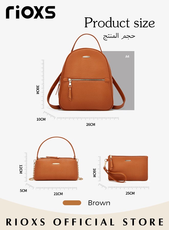 3PCS Fashionable Bags Set, Large Capacity Shoulder Backpack and Handbags for Women, Classic Versatile Leather Backpack, Handbag and Wristlet Bag, Suitable for Dating, Shopping, Working, Traveling and Other Occasions