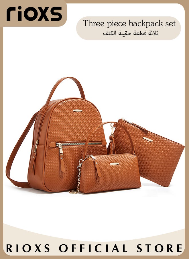 3PCS Fashionable Bags Set, Large Capacity Shoulder Backpack and Handbags for Women, Classic Versatile Leather Backpack, Handbag and Wristlet Bag, Suitable for Dating, Shopping, Working, Traveling and Other Occasions