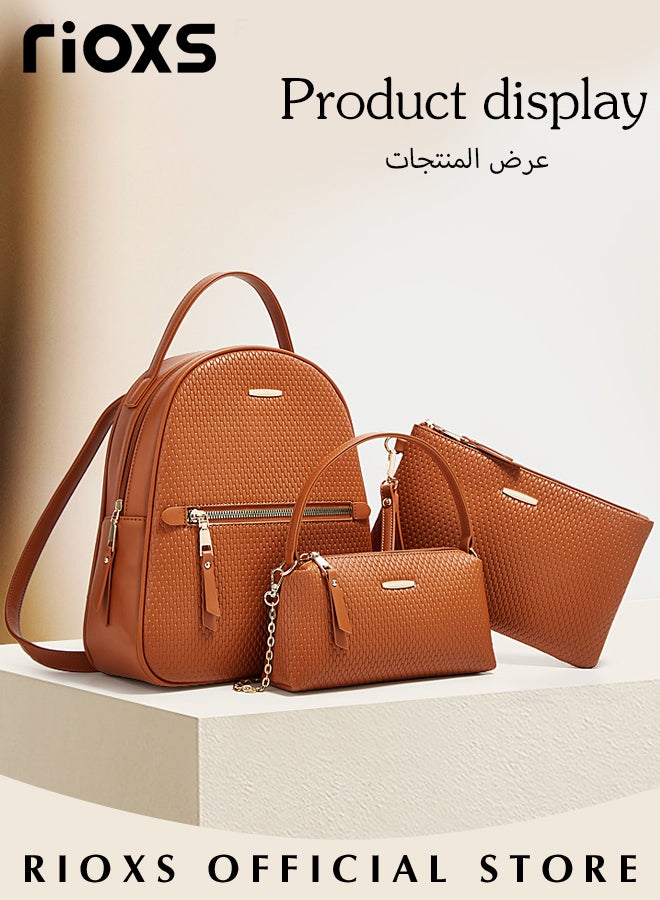 3PCS Fashionable Bags Set, Large Capacity Shoulder Backpack and Handbags for Women, Classic Versatile Leather Backpack, Handbag and Wristlet Bag, Suitable for Dating, Shopping, Working, Traveling and Other Occasions