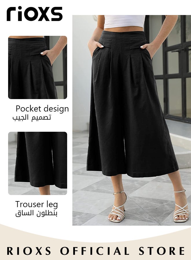 Women's Fashion Cotton Skirt Pants Elastic Waist Wide Leg Pants Casual Loose Work Pants with Pockets