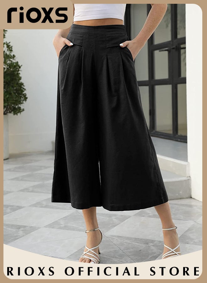 Women's Fashion Cotton Skirt Pants Elastic Waist Wide Leg Pants Casual Loose Work Pants with Pockets