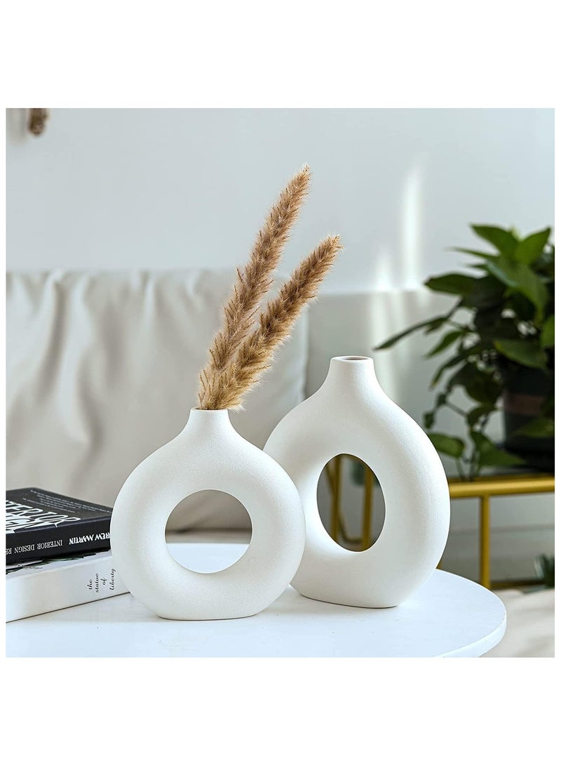 Set of 2 Round Ceramic Vases, Modern Pampas Flower Vase, Minimalist Nordic Boho Ins Style Vase for Home Decor, Wedding, Dinners, Table, Events, Office & Gifting(White)