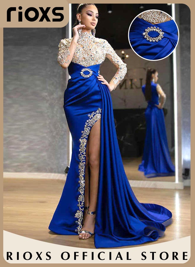 Women's Glitter Stitching Sliming Grown Half High Collar High Split Floor Length Prom Dress for Fashion Party