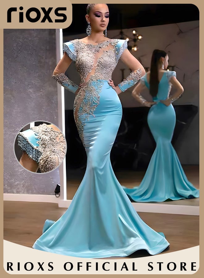 Women's Glitter Stitching Sliming Grown with Shoulder Pads Round Neck Collar High Split Floor-length Prom Dress for Fashion Party