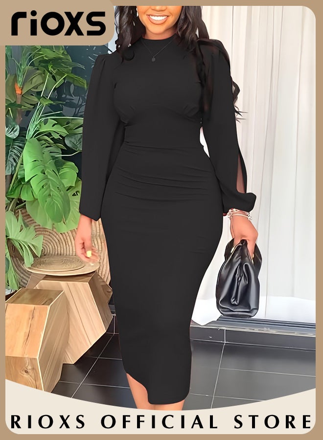 Women's Fashion Solid Colour Pleated Dress Slim Split Sleeve Bodycon Dress Formal Midi Work Pencil Dress