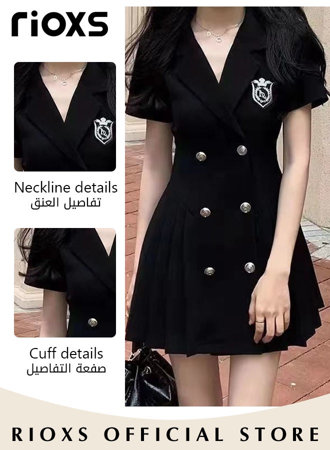 Women Black Double Breasted Dress with Cutout Design and Bow on the Back, Short Sleeve A-line Dress, College-style Pleated Skirt for Young Ladies, Classic Fashionable Slim Jacket Dress, A Must-have Dress for Summer, Great for Any Special Occasion or Daily Wear