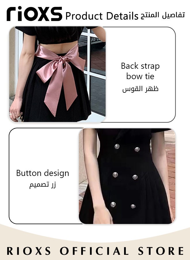 Women Black Double Breasted Dress with Cutout Design and Bow on the Back, Short Sleeve A-line Dress, College-style Pleated Skirt for Young Ladies, Classic Fashionable Slim Jacket Dress, A Must-have Dress for Summer, Great for Any Special Occasion or Daily Wear