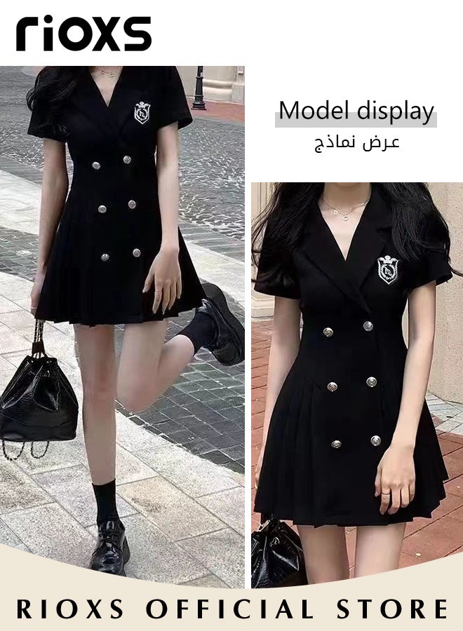 Women Black Double Breasted Dress with Cutout Design and Bow on the Back, Short Sleeve A-line Dress, College-style Pleated Skirt for Young Ladies, Classic Fashionable Slim Jacket Dress, A Must-have Dress for Summer, Great for Any Special Occasion or Daily Wear