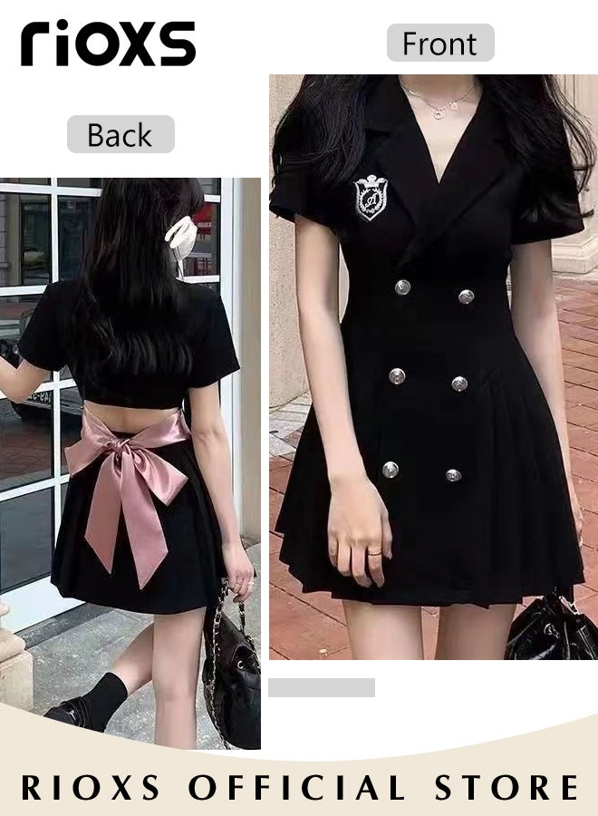 Women Black Double Breasted Dress with Cutout Design and Bow on the Back, Short Sleeve A-line Dress, College-style Pleated Skirt for Young Ladies, Classic Fashionable Slim Jacket Dress, A Must-have Dress for Summer, Great for Any Special Occasion or Daily Wear