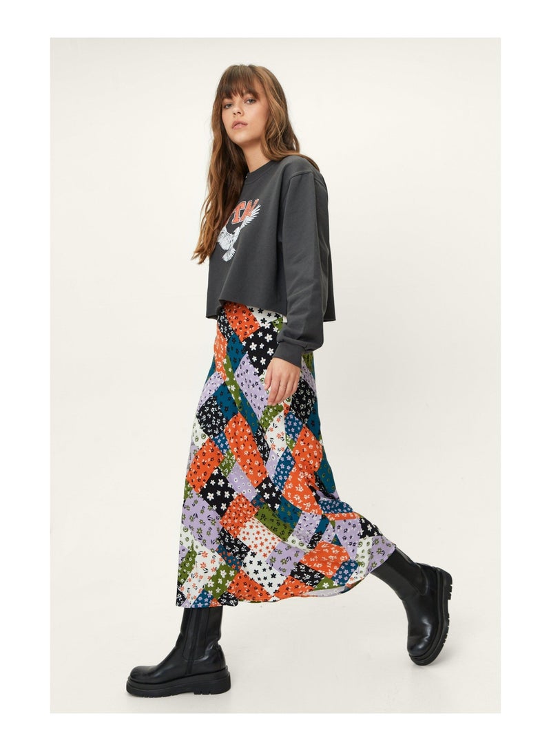 Floral Patch Print Bias Cut Midi Skirt