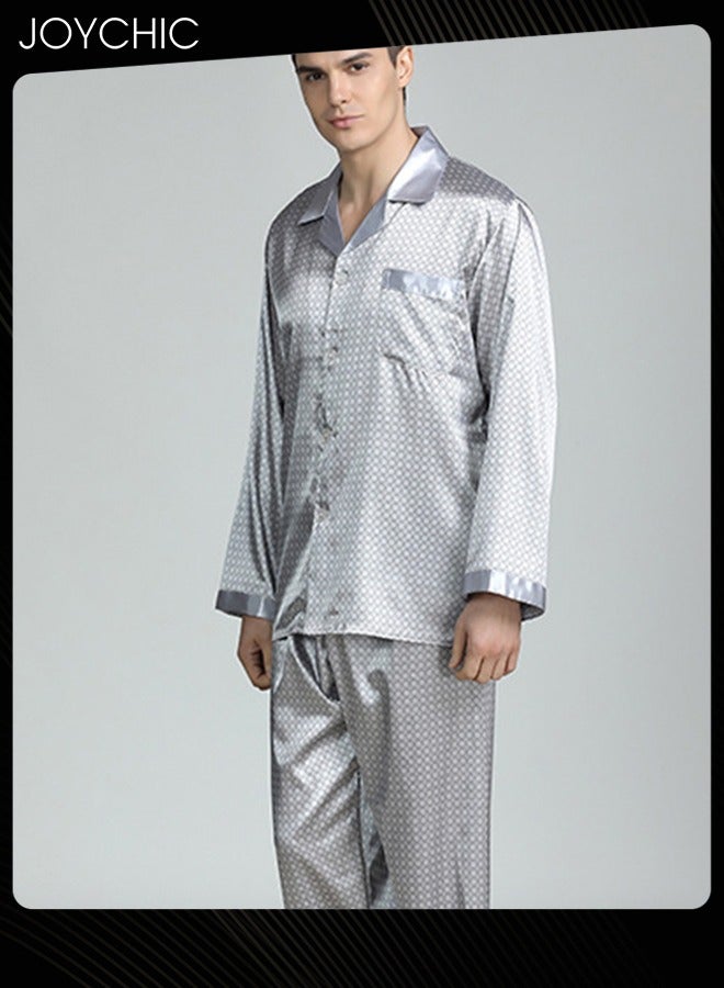 Modern Style Men's Printed Silk Pajamas Spring and Autumn  Lightweight Breathable Long-sleeved Nightgown Home Male Satin Soft Cozy Sleepwear Grey