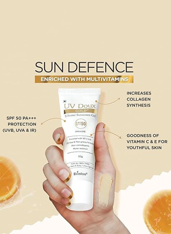 UV Doux Gold Silicone Sunscreen Gel With SPF 50 PA+++  - 50g, Enriched With Vitamin C, Protects From UVA+, UVB ,For Face, Neck, And Body, For All Skin Types