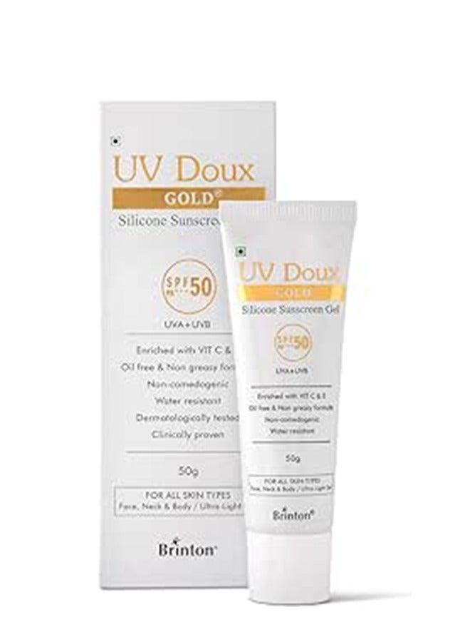 UV Doux Gold Silicone Sunscreen Gel With SPF 50 PA+++  - 50g, Enriched With Vitamin C, Protects From UVA+, UVB ,For Face, Neck, And Body, For All Skin Types