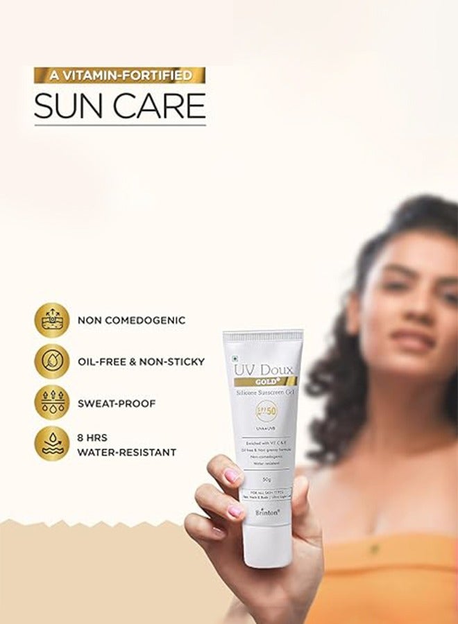 UV Doux Gold Silicone Sunscreen Gel With SPF 50 PA+++  - 50g, Enriched With Vitamin C, Protects From UVA+, UVB ,For Face, Neck, And Body, For All Skin Types