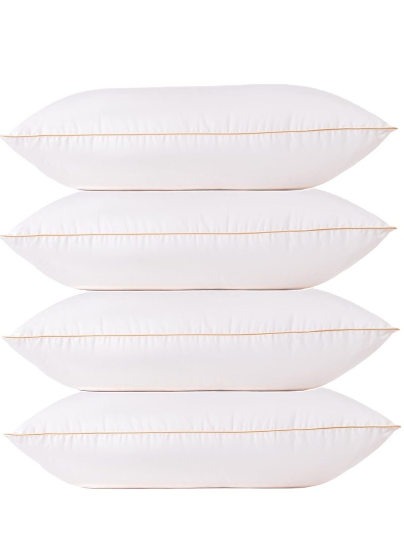 4 Piece Pack Classic Bed Pillow With Single Piping Gold Line Cotton White 50x70cm Made in Uae
