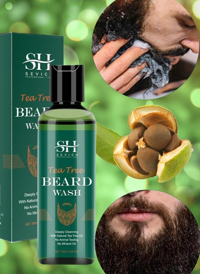 100ml Tea Tree Beard Wash Natural Tea Tree Oil for Beard Wash Gently Deep Cleaning and Refresh Beard and Face Wash for Men Lightweight Cleanser Beard Wash for Daily Beard Care Regimen