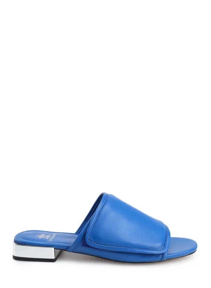 Women's Leather Kitten Flip Flop Slides, Metallized Heel, Blue