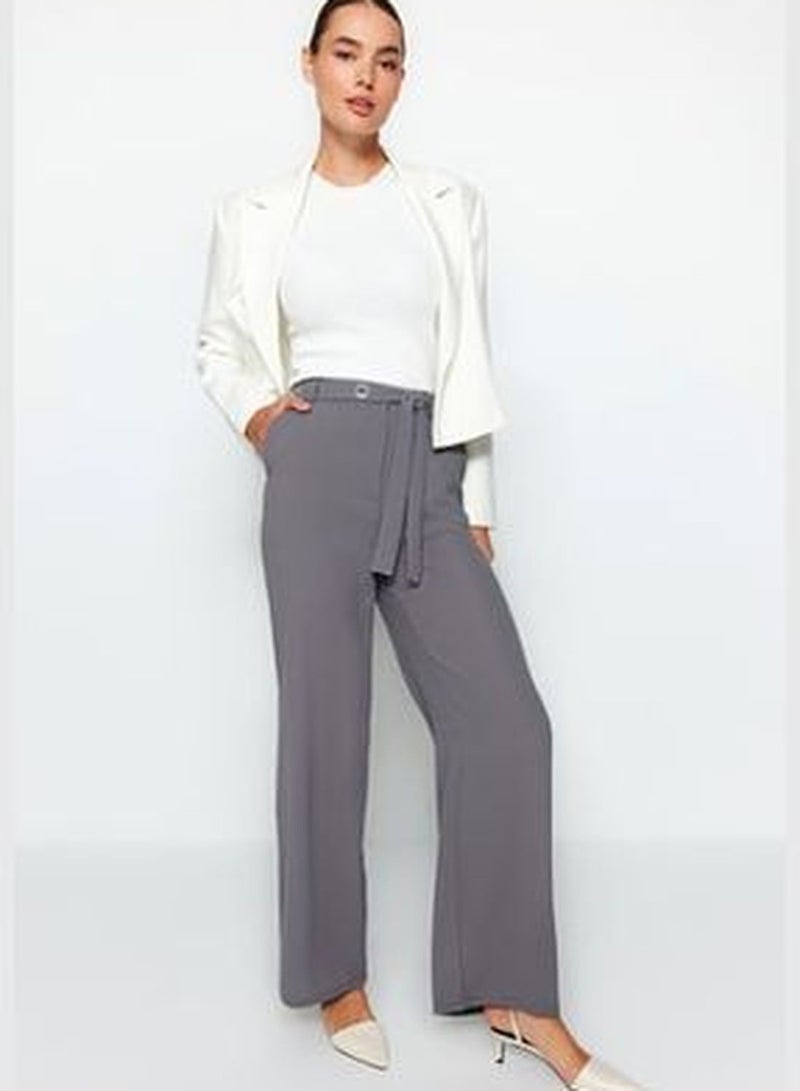 Anthracite Belted Straight Weave Trousers TWOAW24PL00040