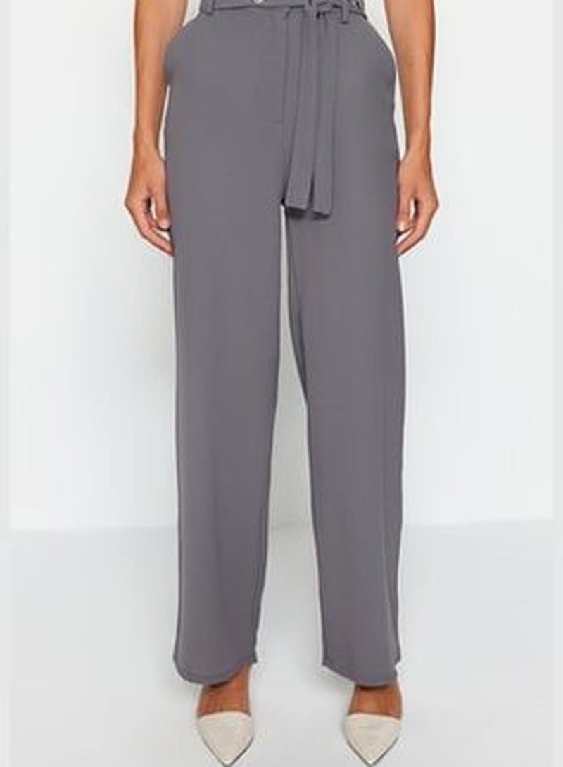 Anthracite Belted Straight Weave Trousers TWOAW24PL00040