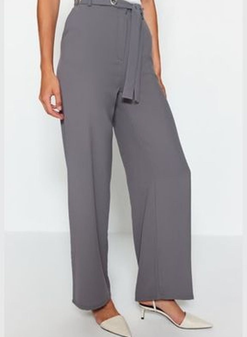 Anthracite Belted Straight Weave Trousers TWOAW24PL00040