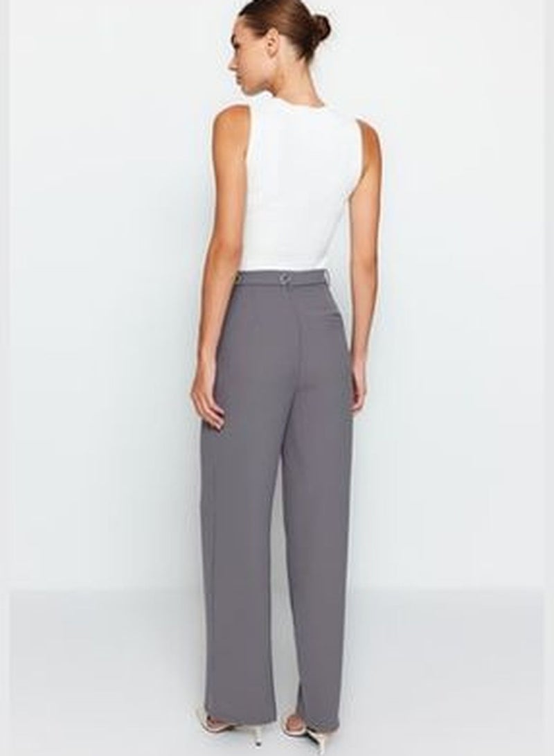 Anthracite Belted Straight Weave Trousers TWOAW24PL00040