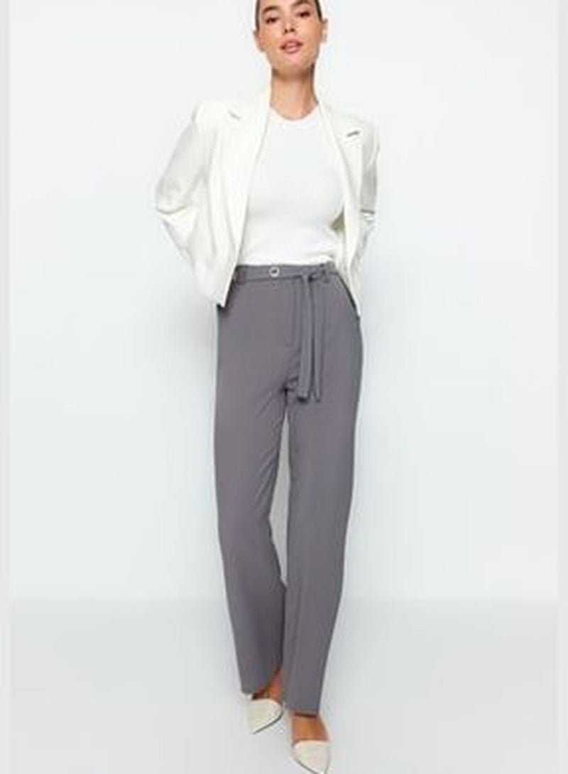 Anthracite Belted Straight Weave Trousers TWOAW24PL00040