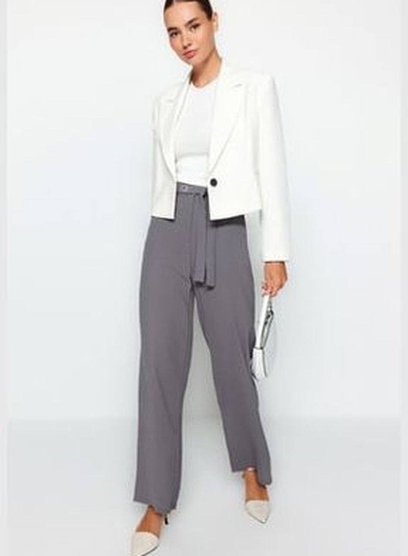 Anthracite Belted Straight Weave Trousers TWOAW24PL00040