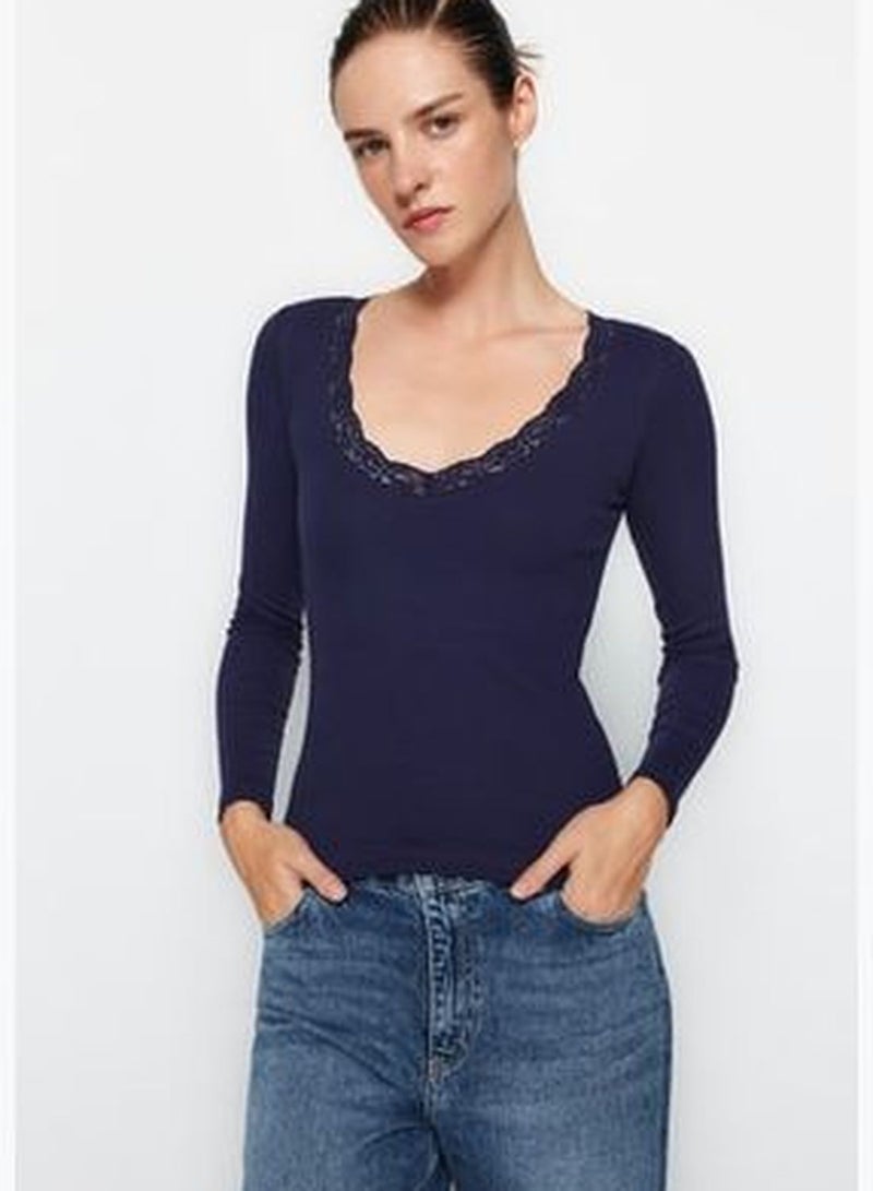 Navy Blue V-Neck Lace Detail Ribbed Fitted/Situated Cotton Knitted Blouse in Cotton TWOAW24BZ00070.