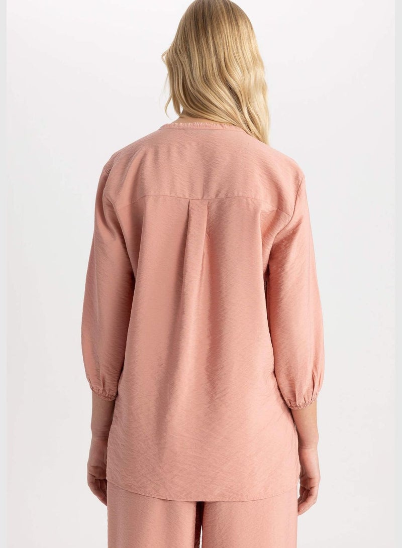 Woman Oversize Fit Round Collar Woven Long Sleeve Shirt