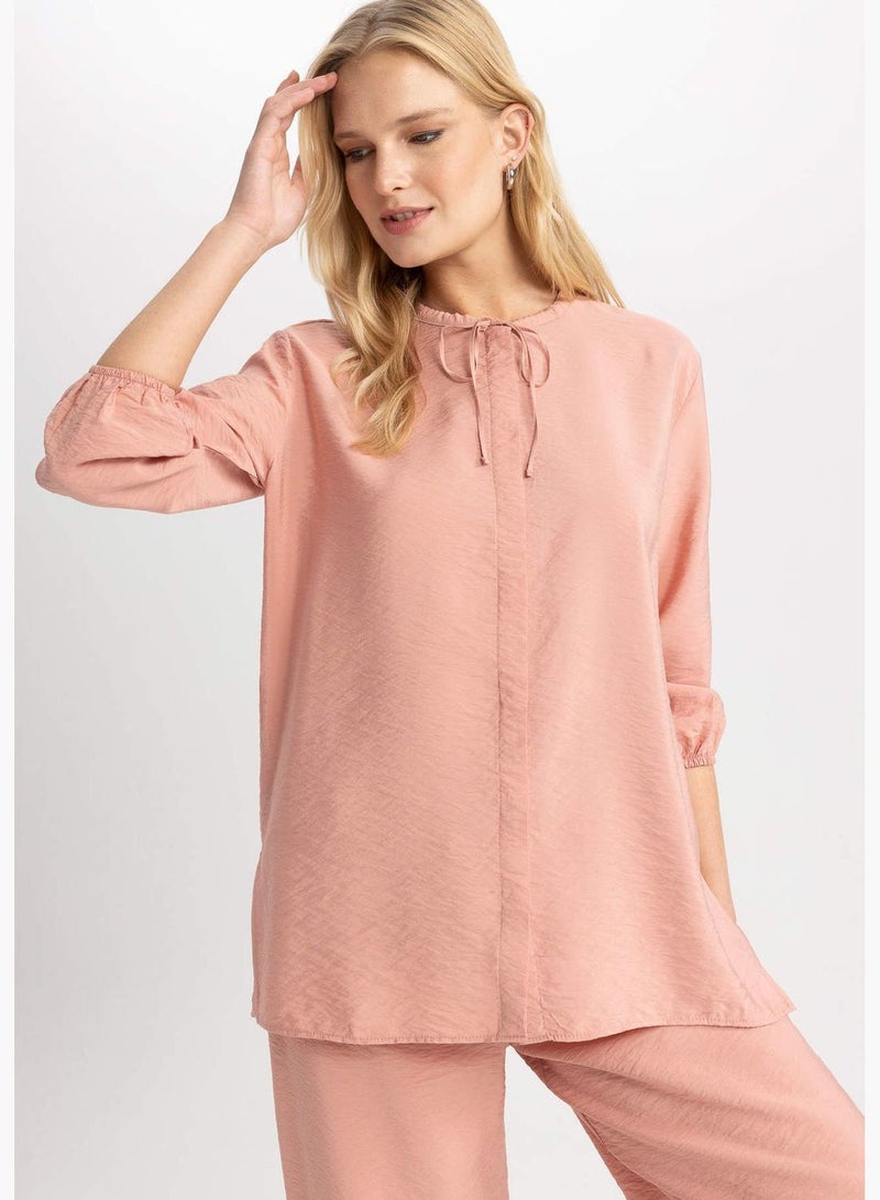 Woman Oversize Fit Round Collar Woven Long Sleeve Shirt