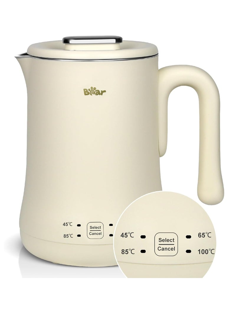 Electric Kettle 0.6L 4 Temperatures Control 304 Stainless Steel 500W Dry Protection Anti-Scald Protection BPA Free 12h/30min Keep Warm Function Travel Kettle - Beige