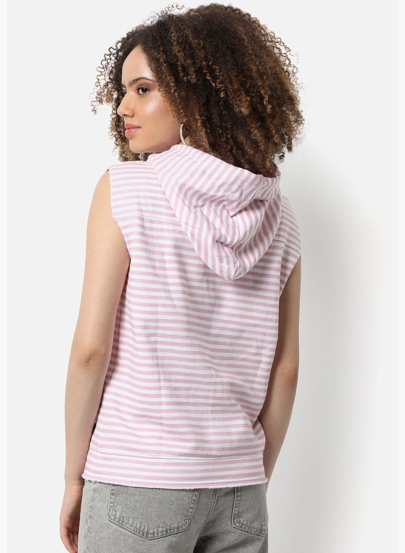 Women's Striped Regular Fit Sweatshirt With Hoodie & Pockets For Winter Wear