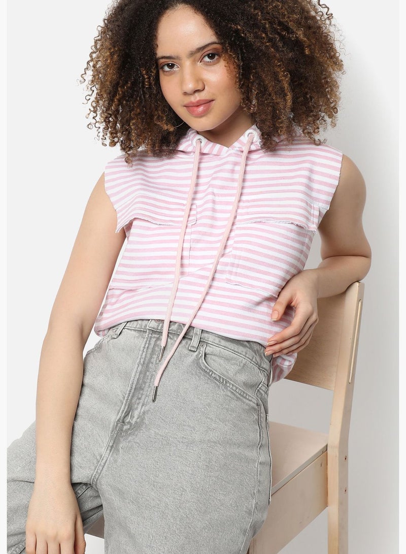 Women's Striped Regular Fit Sweatshirt With Hoodie & Pockets For Winter Wear