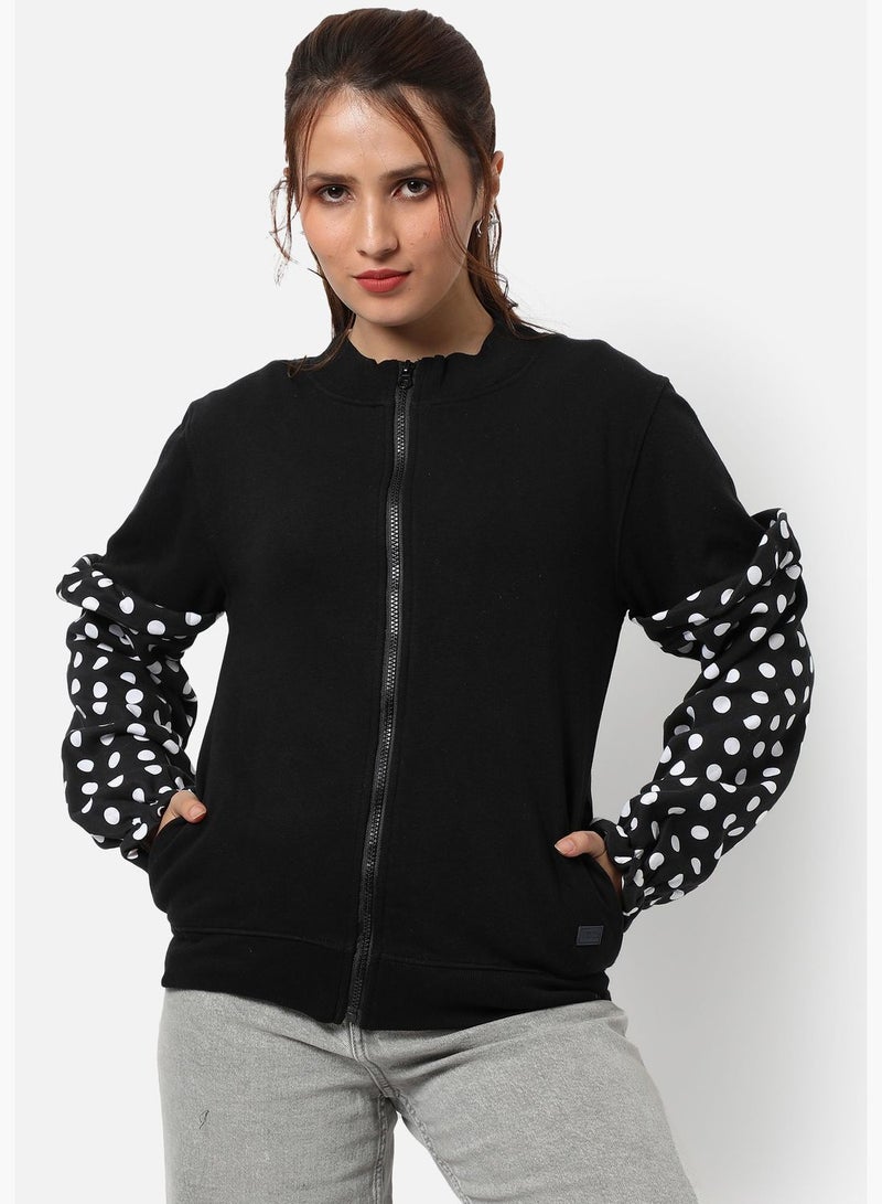 Campus Sutra Women's Solid Regular Fit Zipper Sweatshirt For Winter Wear | Polka Dot Full Sleeve | Cotton Sweatshirt | Casual Sweatshirt For Woman | Western Stylish Sweatshirt For Women