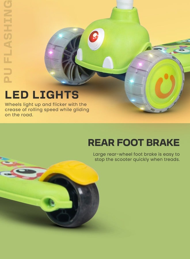 Baybee Skate Scooter for Kids, 3 Wheel Kids Scooter with 3 Height Adjustable Handle, Kick Scooter with Led PU Wheels & Rear Brake, Runner Scooter for Kids 2 to 10 Years Boy Girl Green