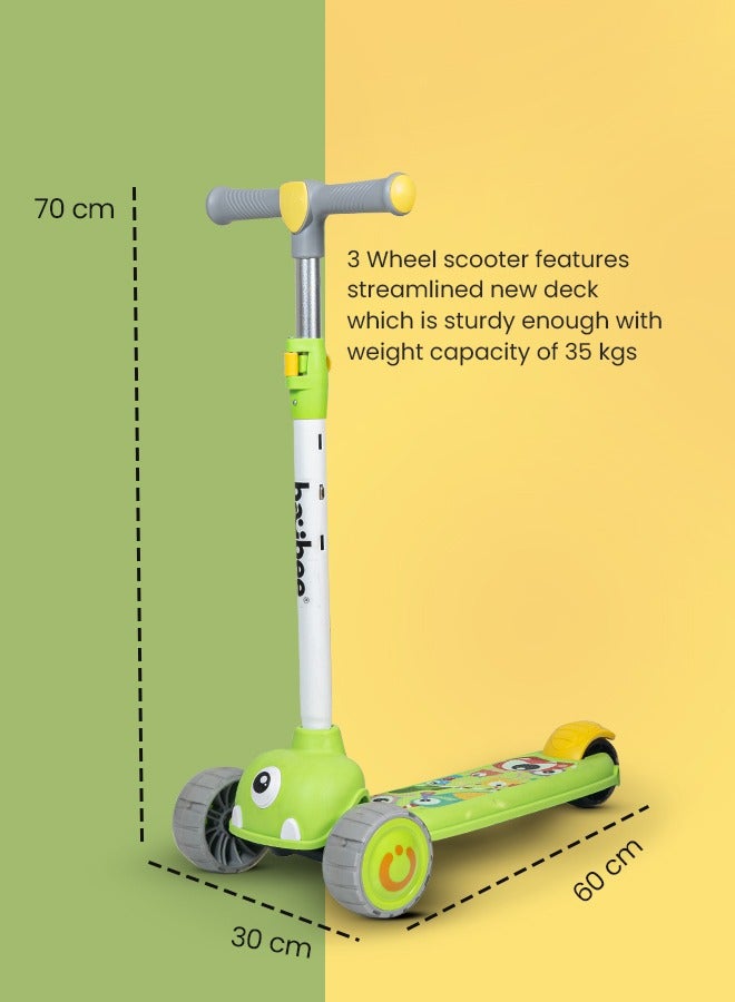 Baybee Skate Scooter for Kids, 3 Wheel Kids Scooter with 3 Height Adjustable Handle, Kick Scooter with Led PU Wheels & Rear Brake, Runner Scooter for Kids 2 to 10 Years Boy Girl Green