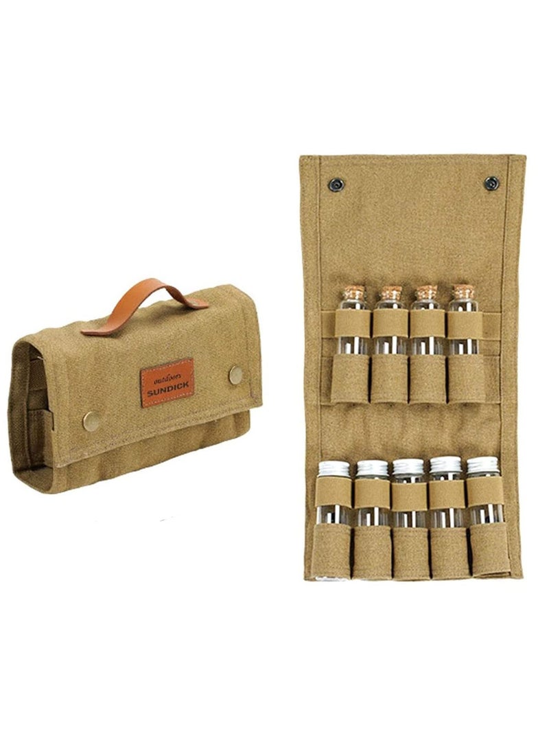 Portable Travel Spice Kit for Camping Salt and Pepper Shakers, Multi Spice Container for Camping, Outdoor Camping Seasoning Bottle Storage Bag - 9 Spice Jars Included - Khaki