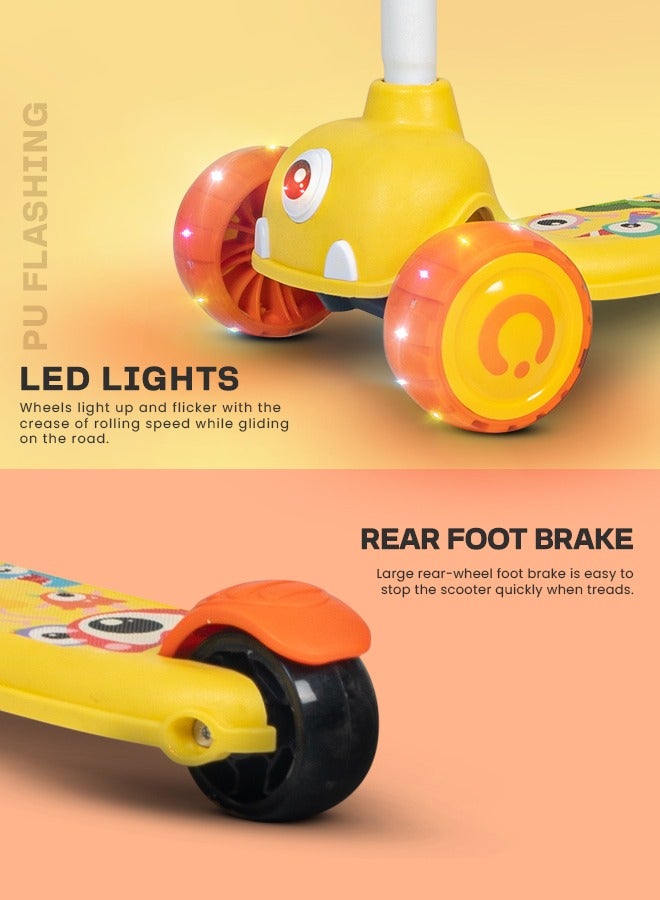 Baybee Kick Scooter for Kids, 3 Wheel Kids Scooter with 3 Height Adjustable Handle, Skate Scooter with Led PU Wheels & Rear Brake, Runner Scooter for Kids 2 to 10 Years Boy Girl Yellow