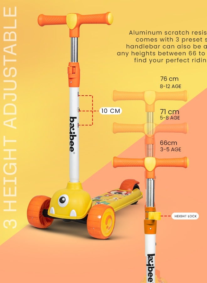 Baybee Kick Scooter for Kids, 3 Wheel Kids Scooter with 3 Height Adjustable Handle, Skate Scooter with Led PU Wheels & Rear Brake, Runner Scooter for Kids 2 to 10 Years Boy Girl Yellow